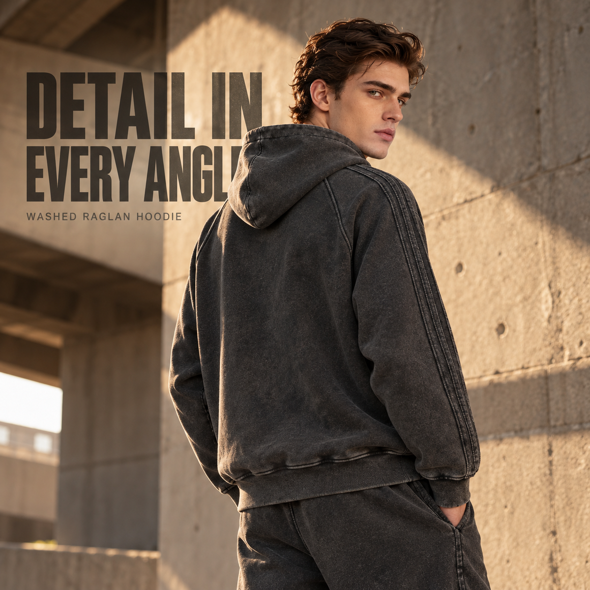 A2342 Snow-Wash Black washed cotton raglan hoodie with sleeve tapes, rear or three-quarter styling view