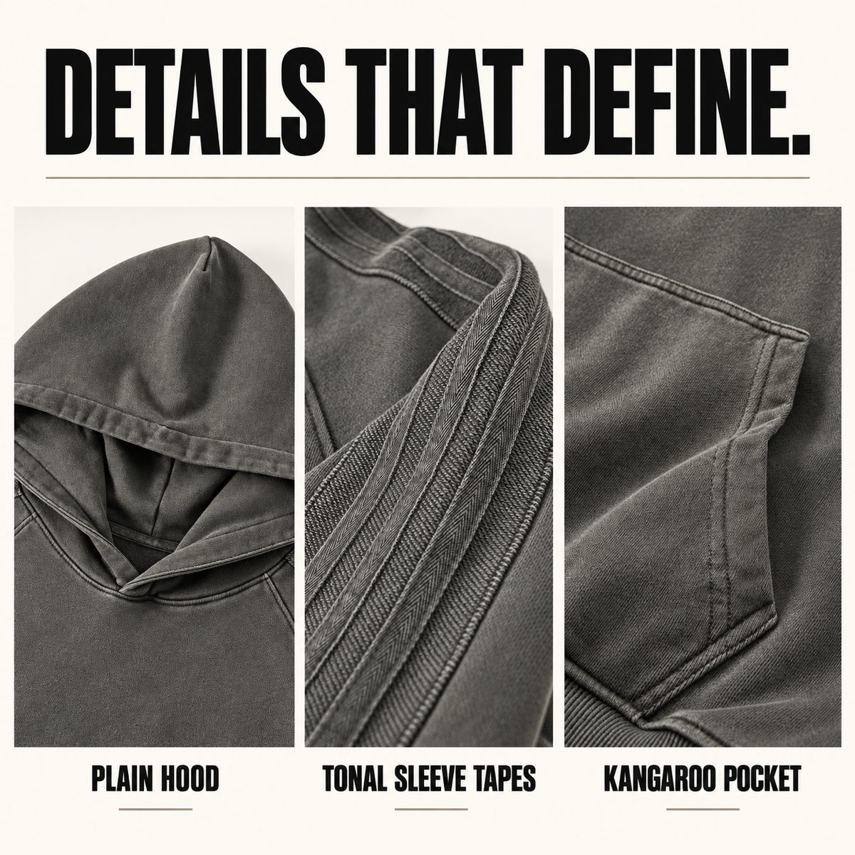 A2342 washed cotton raglan hoodie with sleeve tapes, close-up construction details