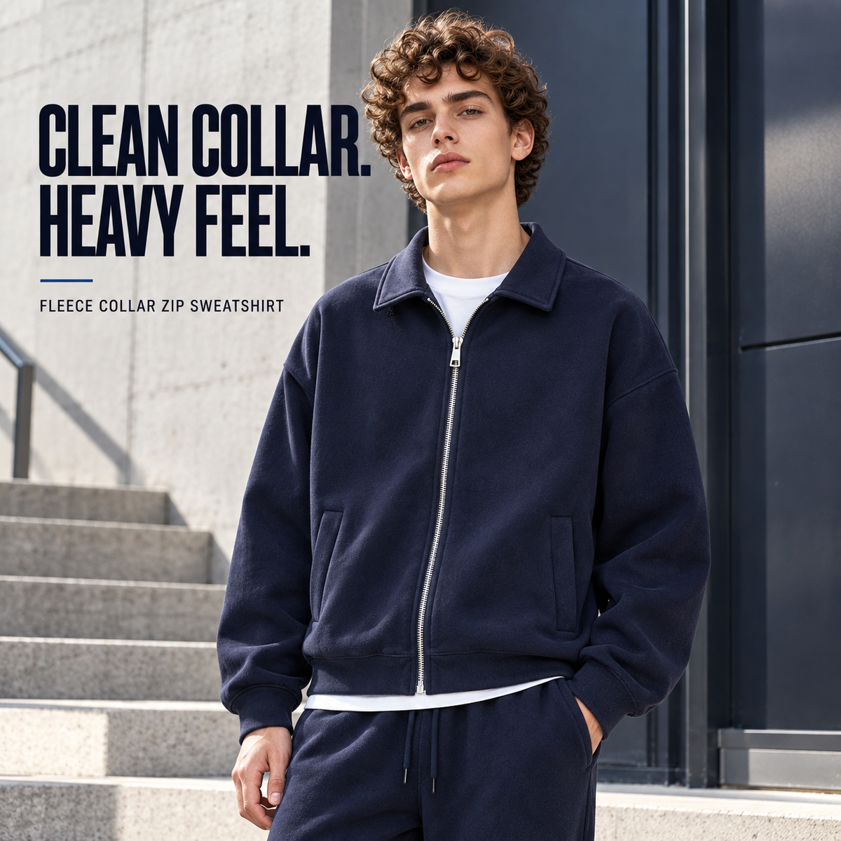 A23552 Midnight Blue fleece collared zip sweatshirt, front styling view