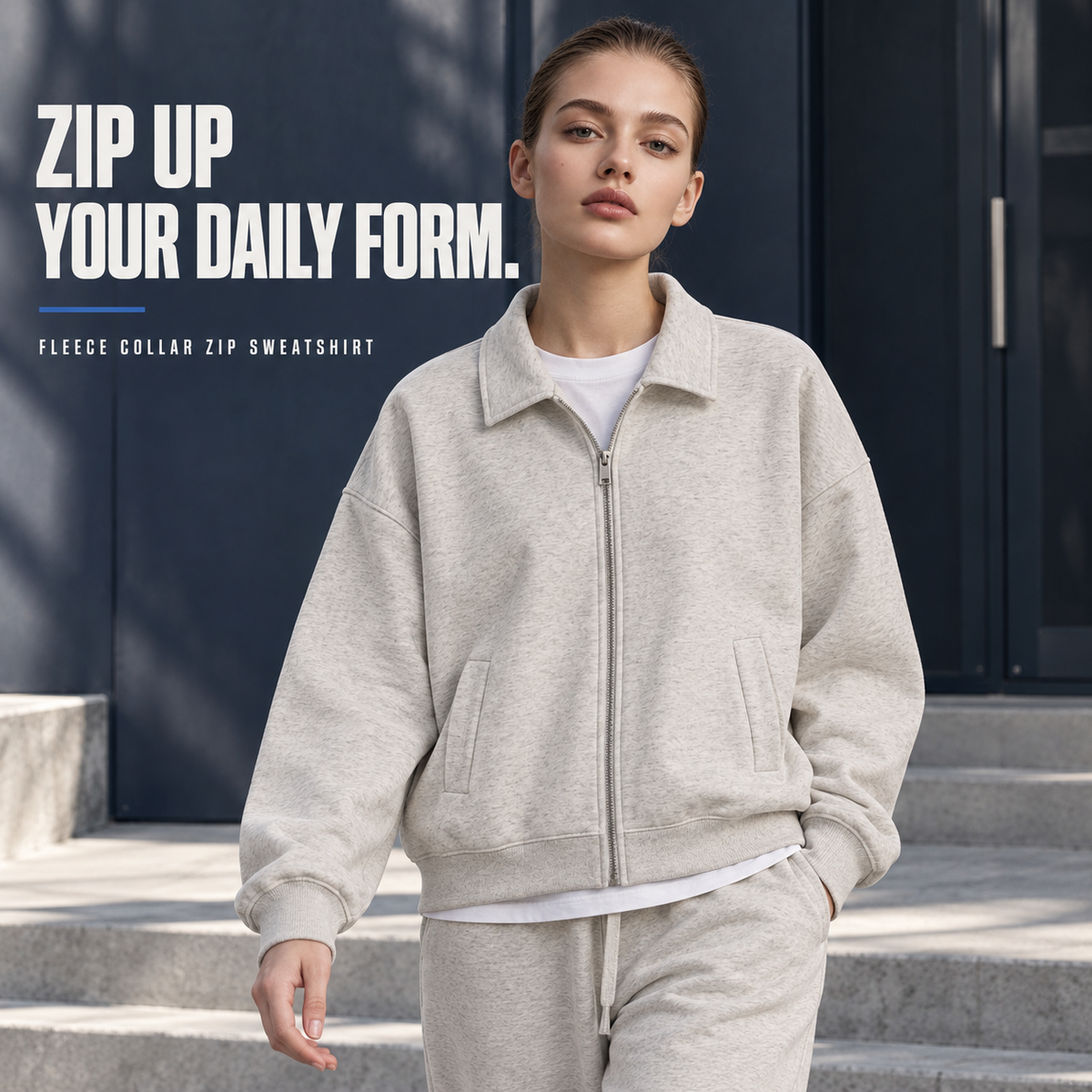 A23552 Oat Grey fleece collared zip sweatshirt, alternate styling view