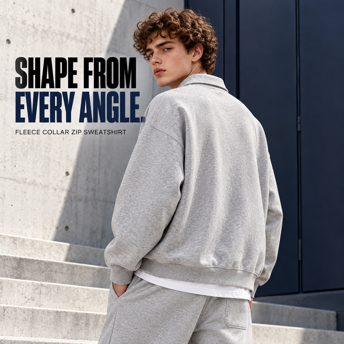 A23552 Heather Grey fleece collared zip sweatshirt, rear or three-quarter styling view