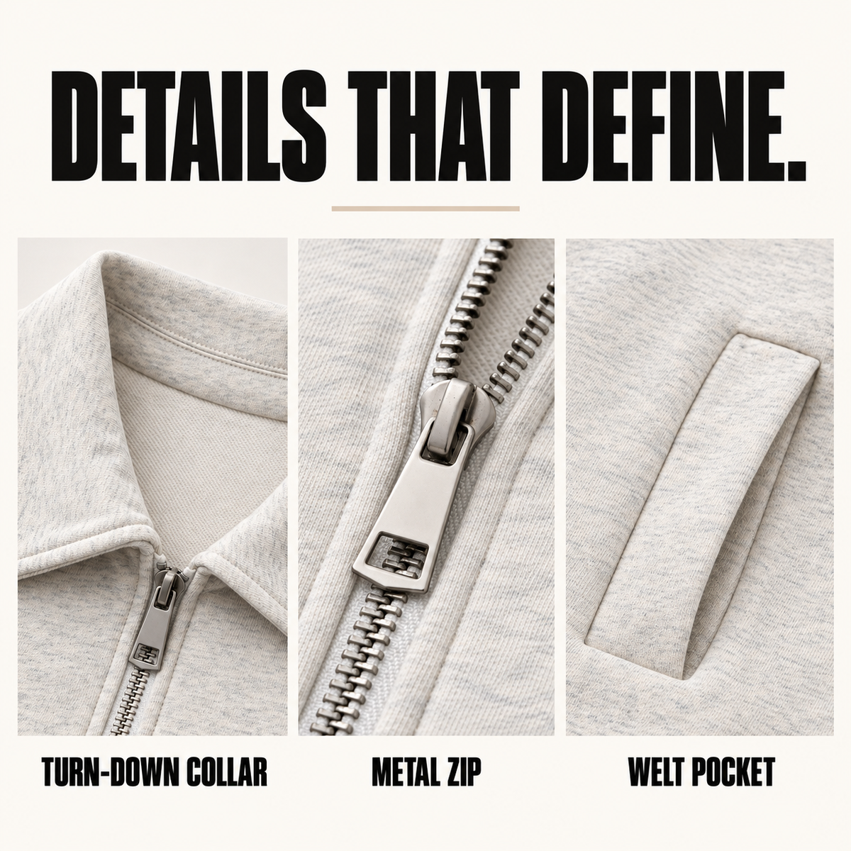 A23552 fleece collared zip sweatshirt, close-up construction details