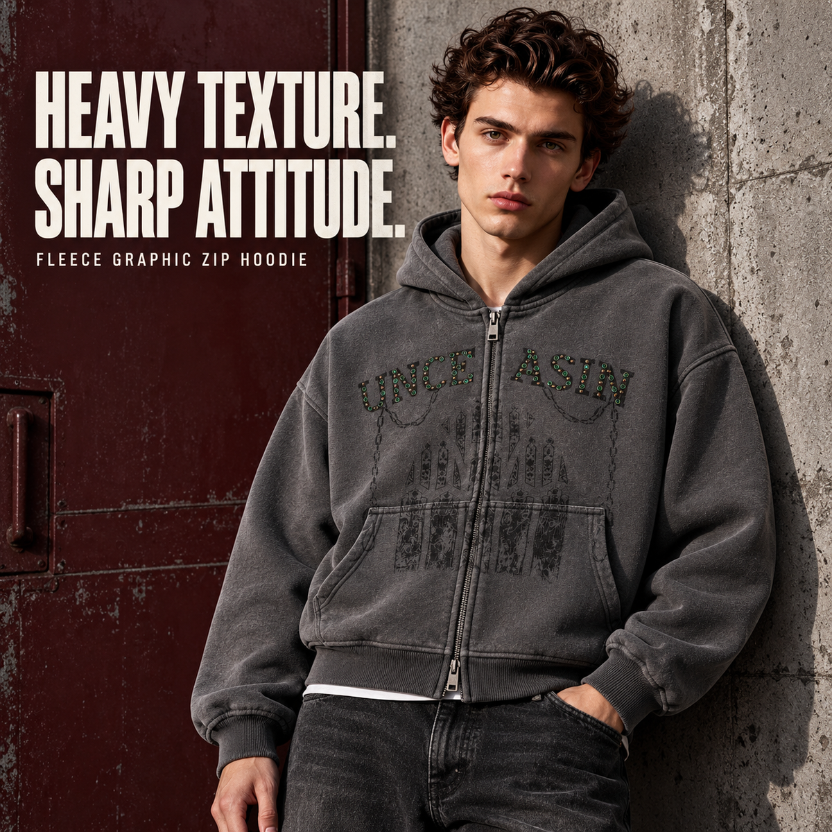 A2368 Carbon Grey rhinestone graphic fleece two-way zip hoodie, front styling view