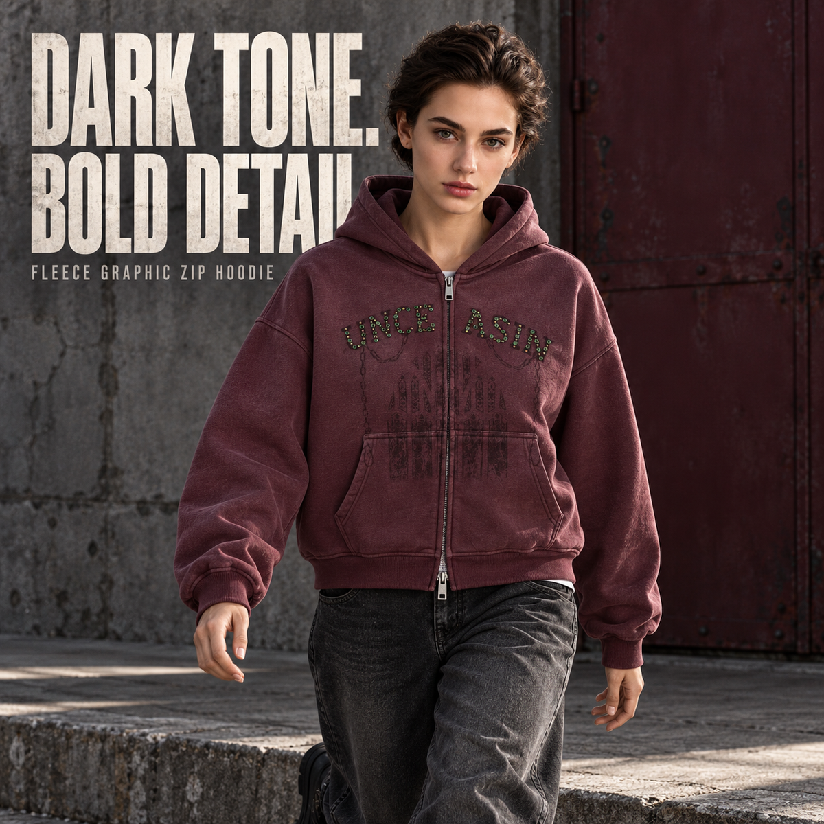 A2368 Dark Red rhinestone graphic fleece two-way zip hoodie, alternate styling view