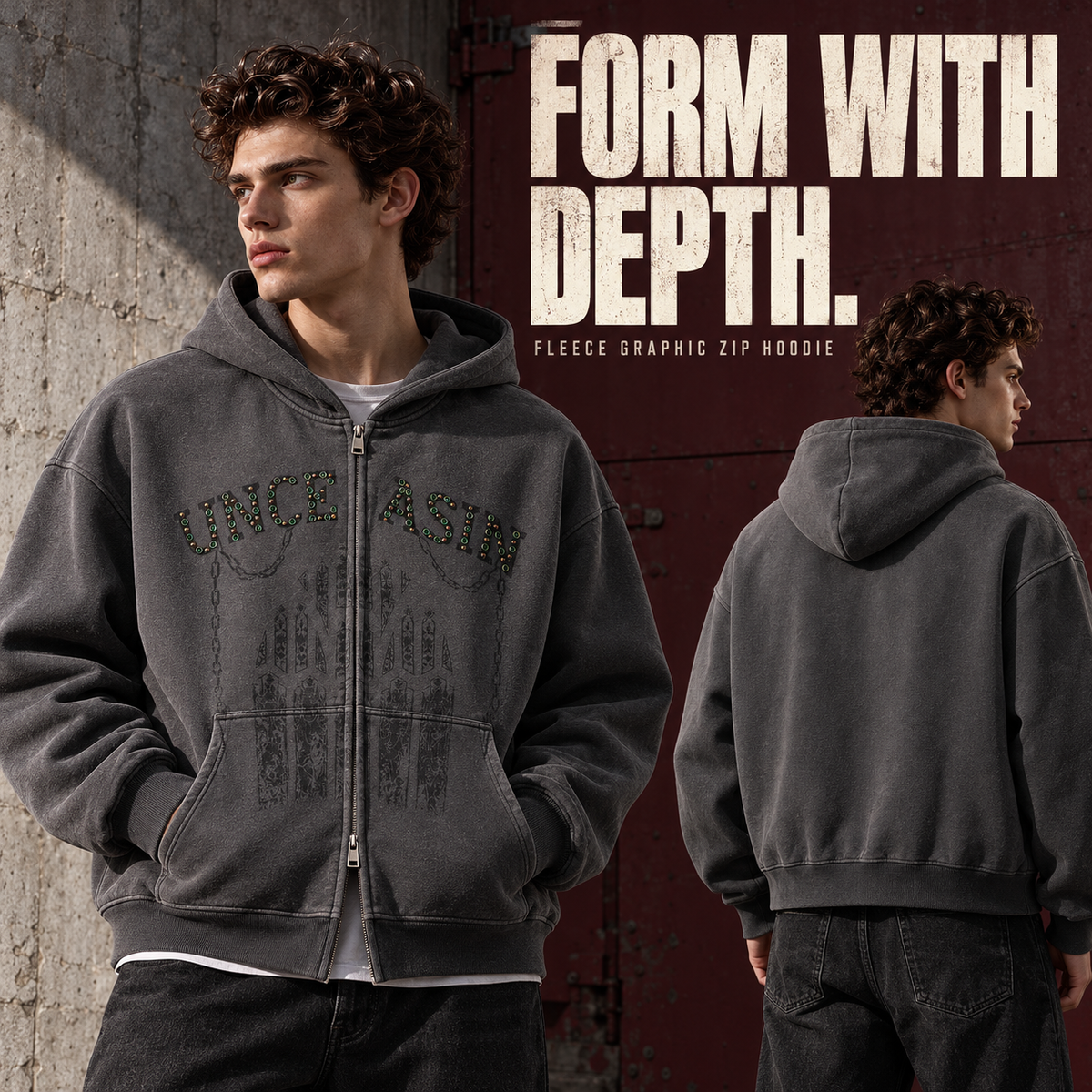 A2368 Carbon Grey rhinestone graphic fleece two-way zip hoodie, rear or three-quarter styling view