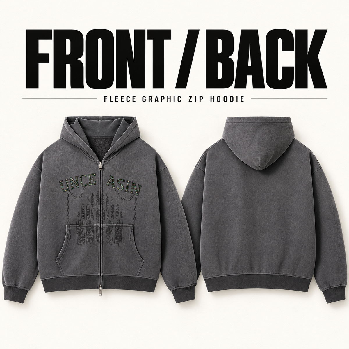 A2368 rhinestone graphic fleece two-way zip hoodie, front and back garment construction