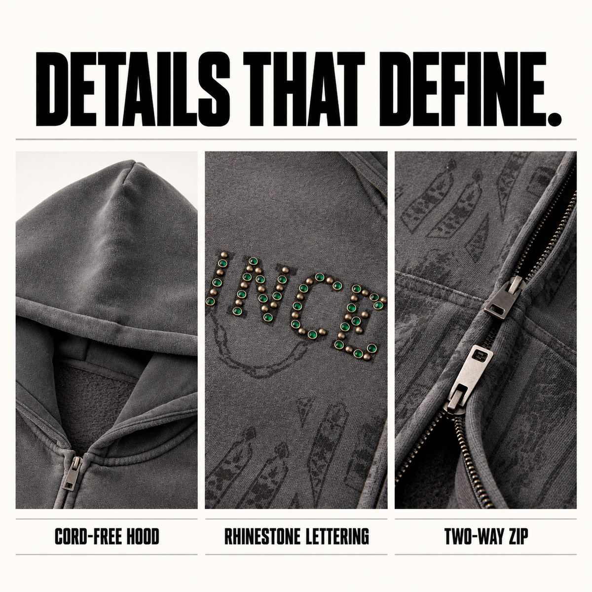 A2368 rhinestone graphic fleece two-way zip hoodie, close-up construction details