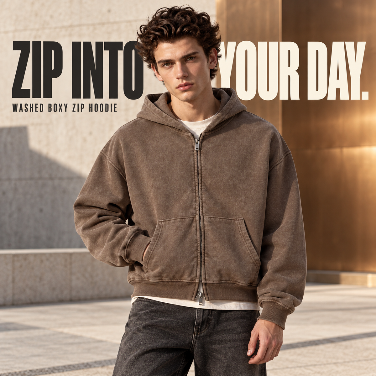 A25362 Brown boxy washed cotton two-way zip hoodie, front styling view