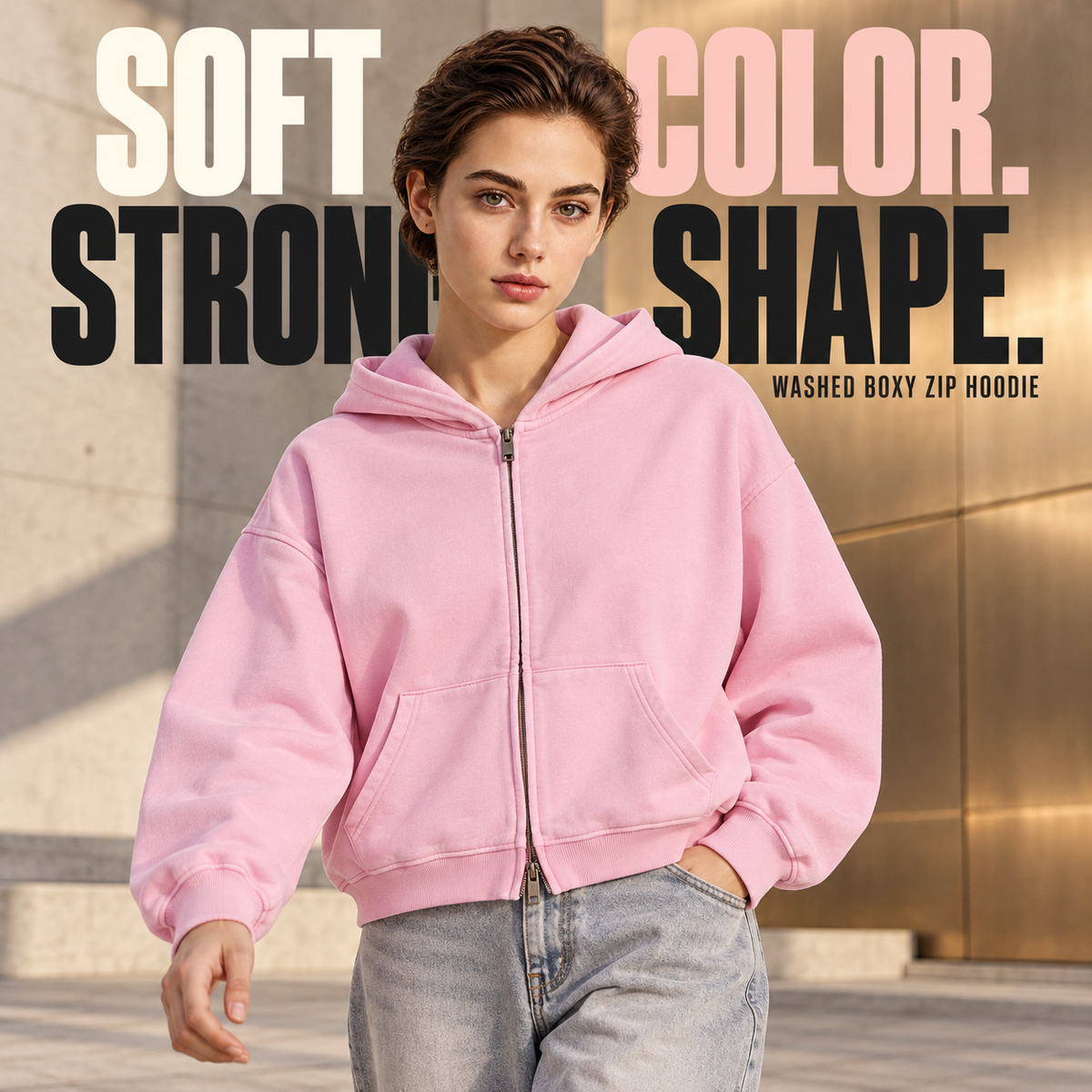 A25362 Peach Pink boxy washed cotton two-way zip hoodie, alternate styling view
