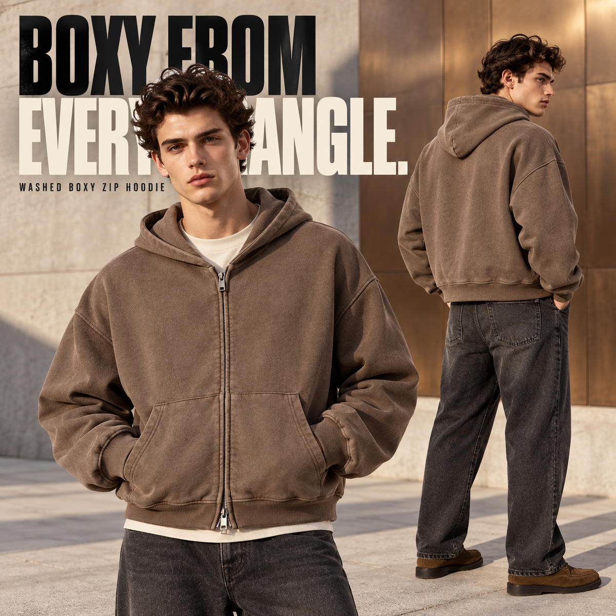 A25362 Brown boxy washed cotton two-way zip hoodie, rear or three-quarter styling view