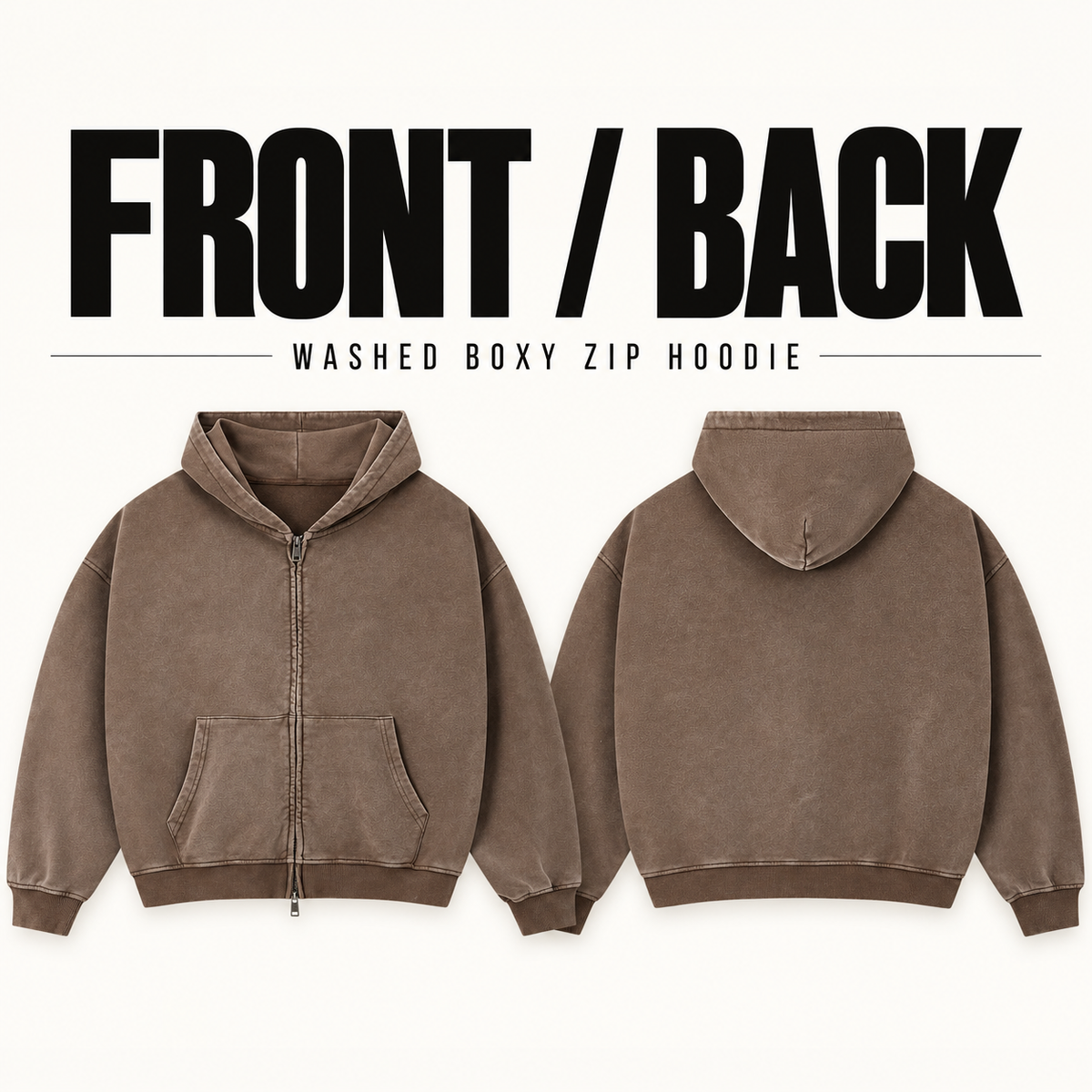 A25362 boxy washed cotton two-way zip hoodie, front and back garment construction