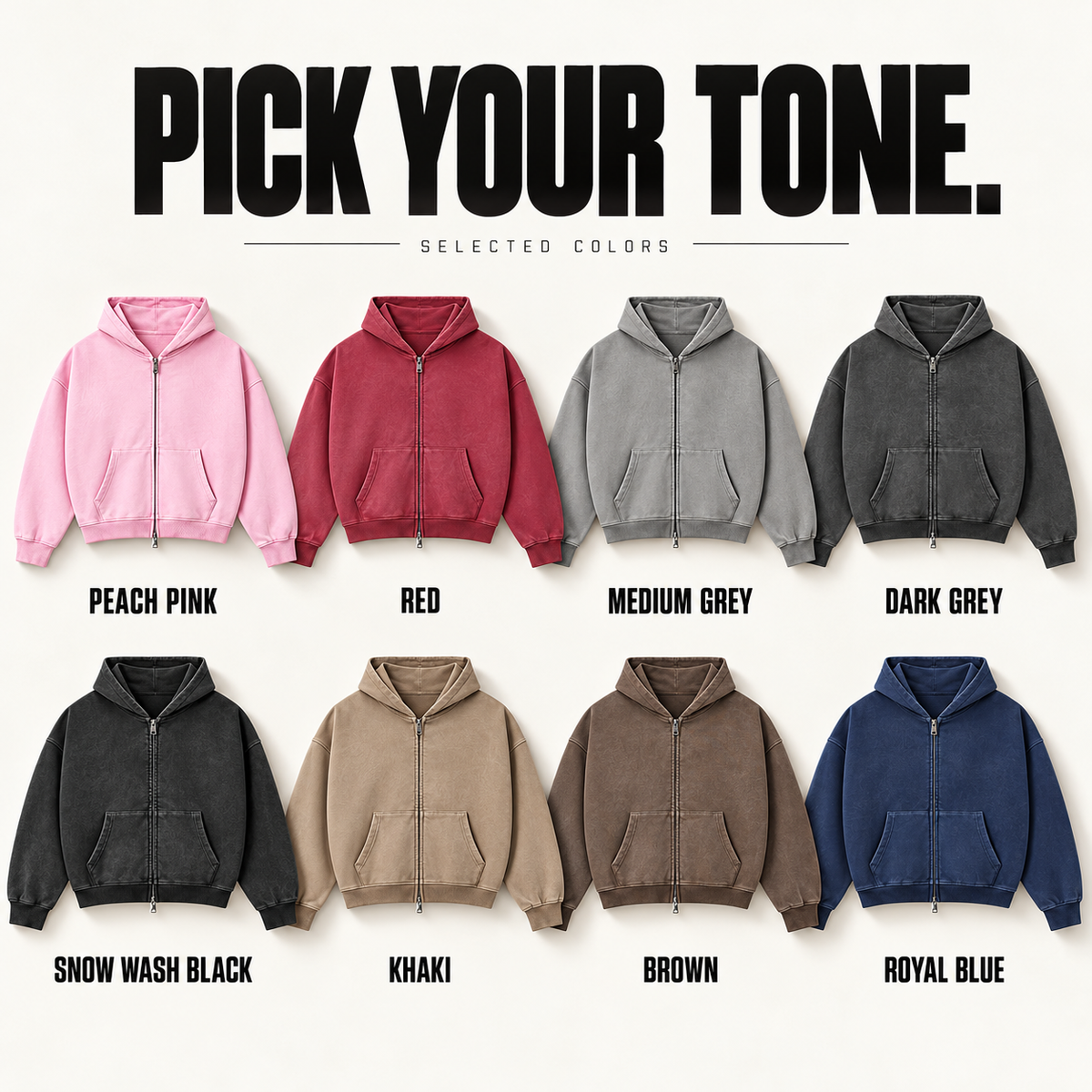 A25362 complete ready-stock color selection board showing Peach Pink, Red, Medium Grey, Dark Grey, Snow Wash Black, Khaki, Brown, Royal Blue