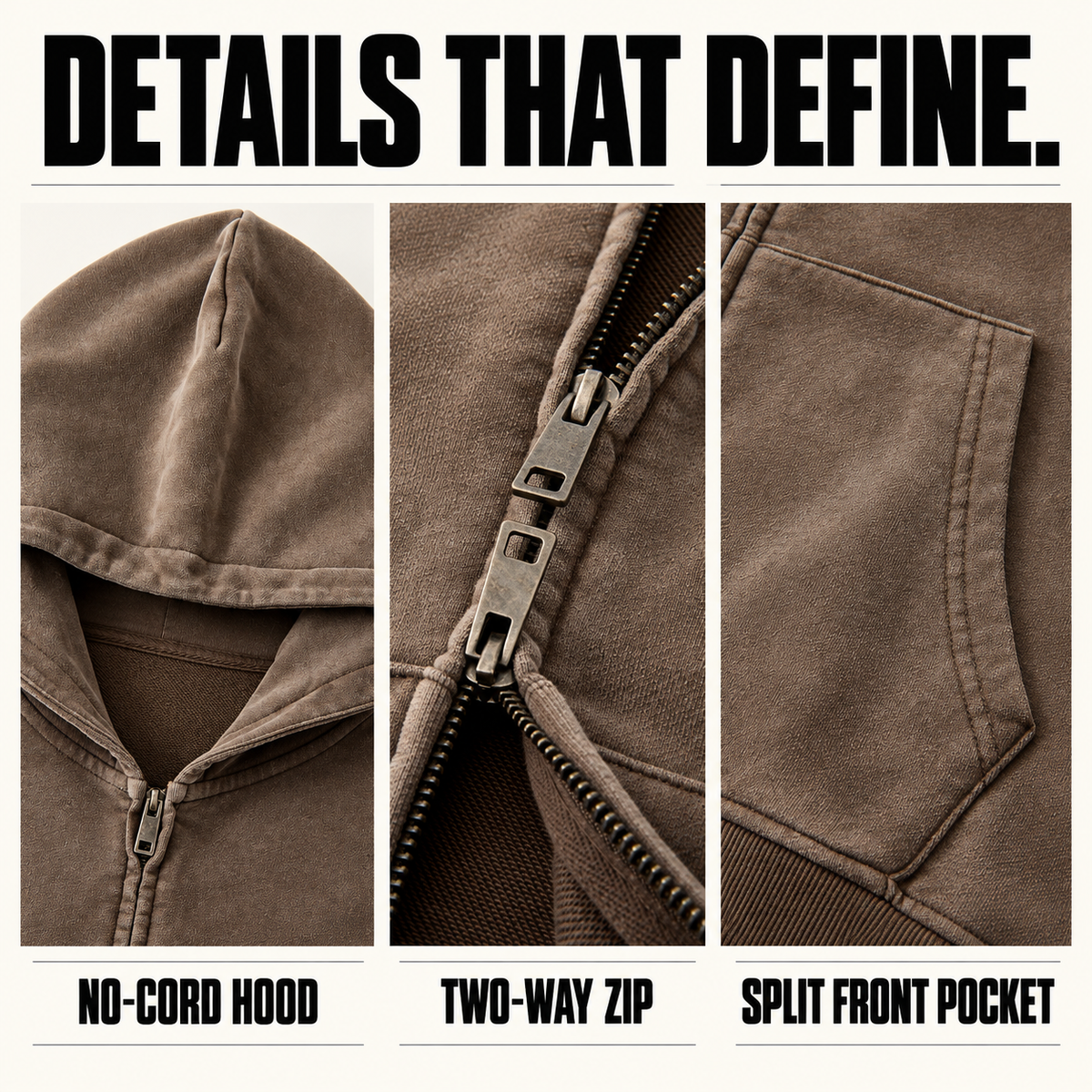A25362 boxy washed cotton two-way zip hoodie, close-up construction details
