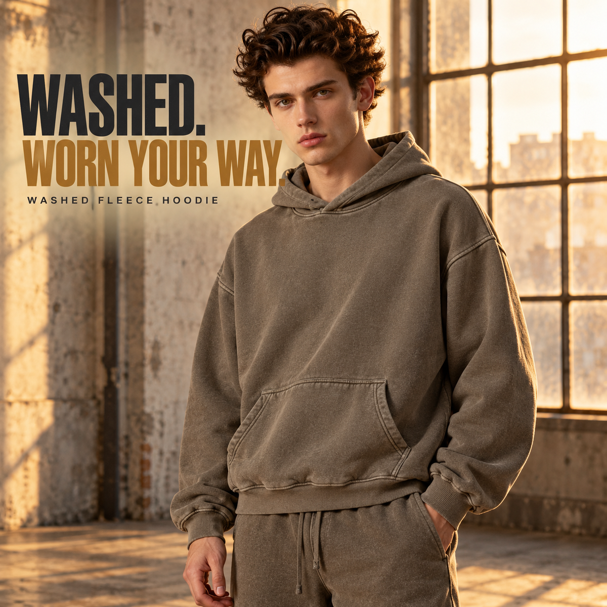 A2542 Coffee vintage washed fleece pullover hoodie, front styling view
