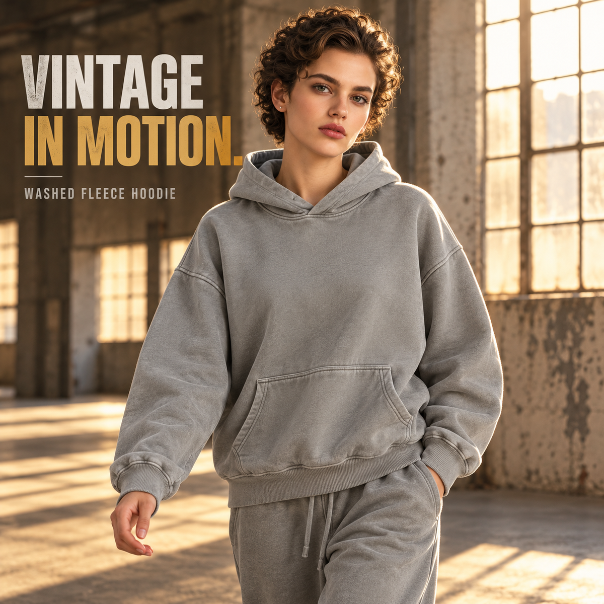 A2542 Medium Grey vintage washed fleece pullover hoodie, alternate styling view