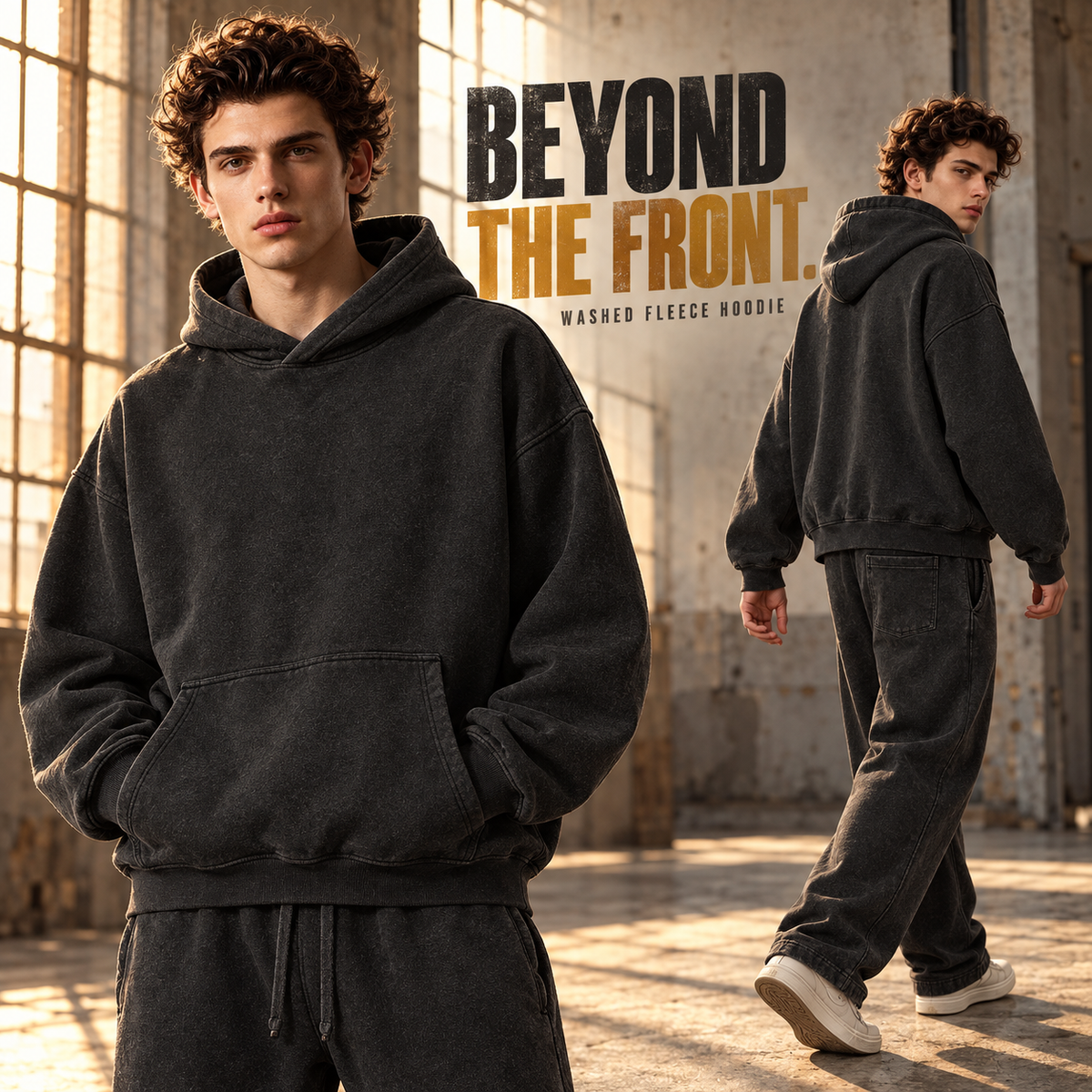 A2542 Washed Black vintage washed fleece pullover hoodie, rear or three-quarter styling view