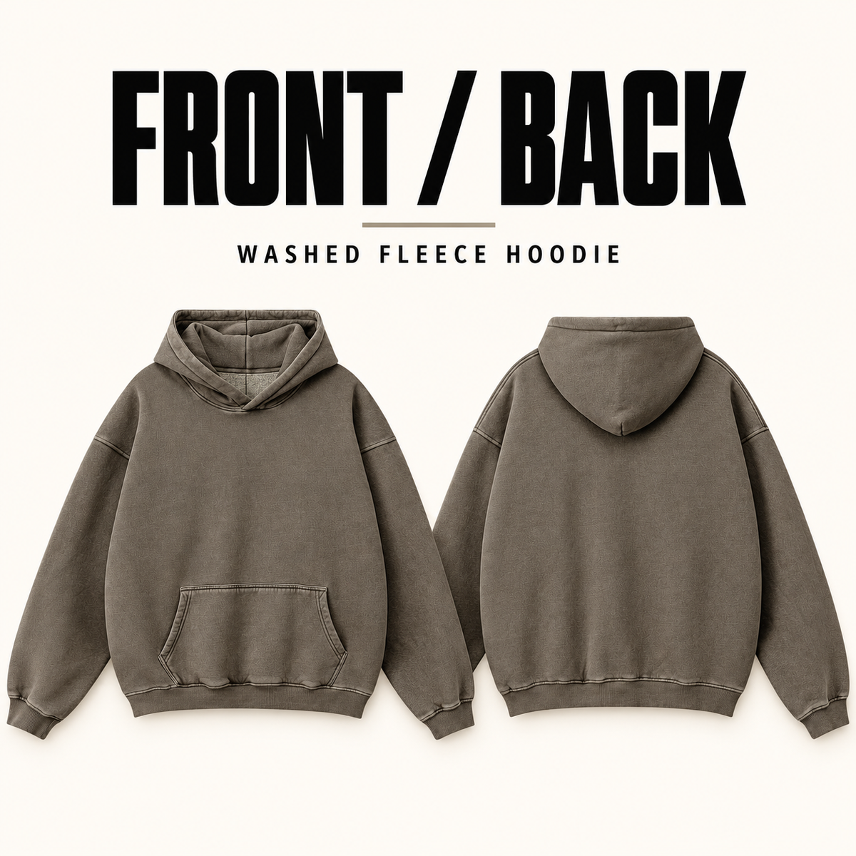 A2542 vintage washed fleece pullover hoodie, front and back garment construction