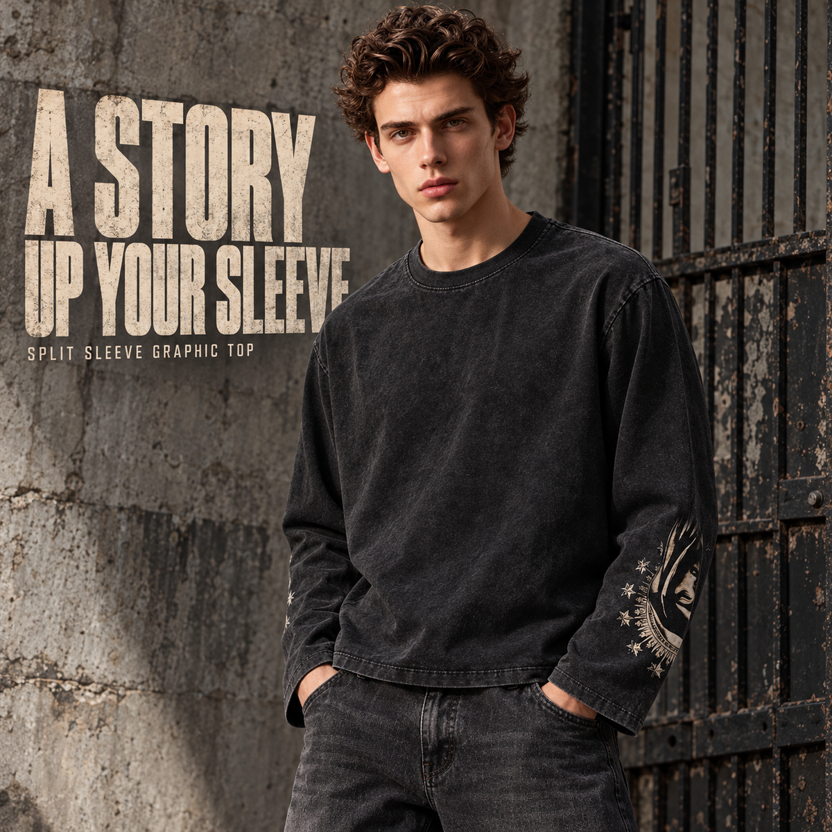 A2568 Snow Wash Black split-sleeve graphic cotton long sleeve t-shirt, front styling view