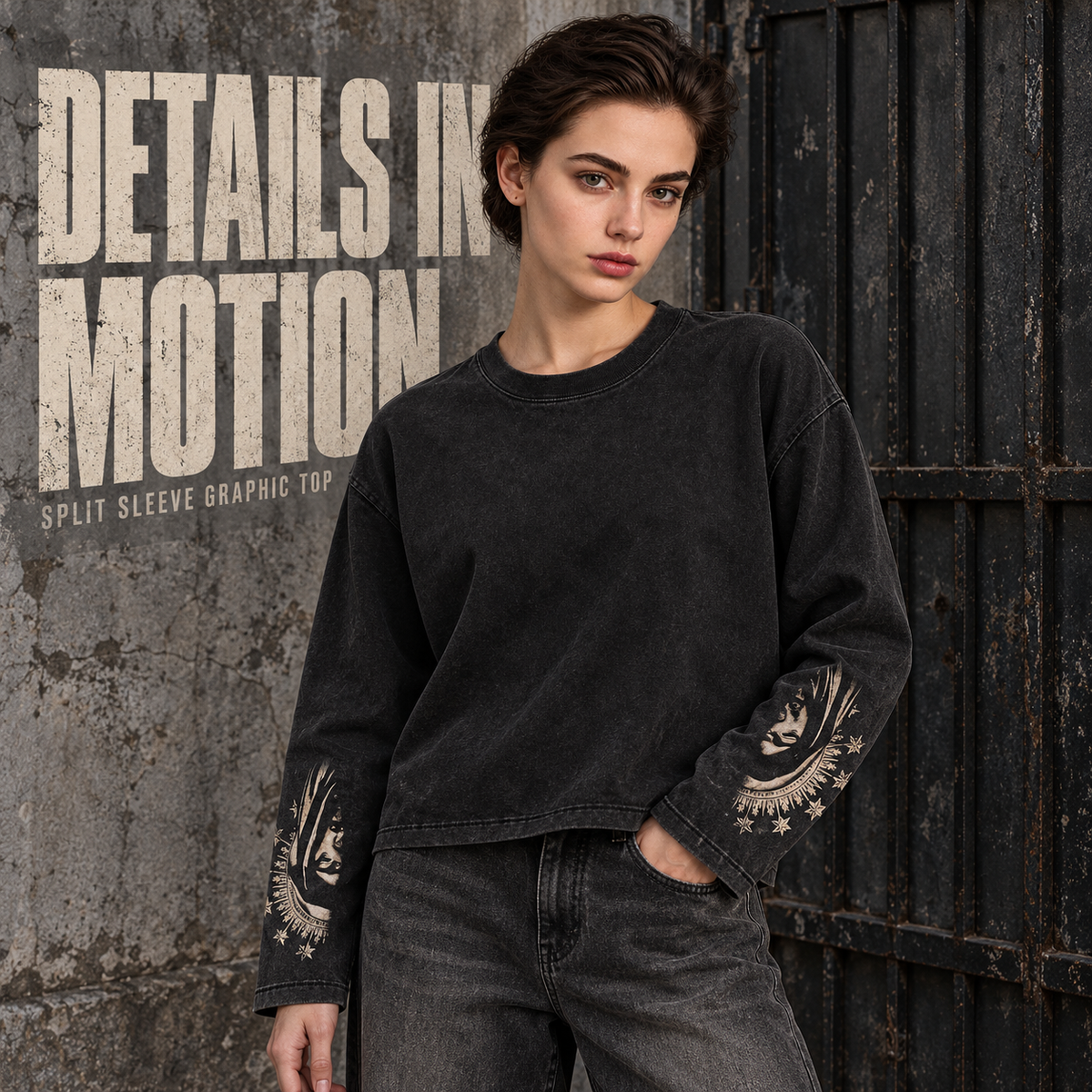 A2568 Snow Wash Black split-sleeve graphic cotton long sleeve t-shirt, alternate styling view