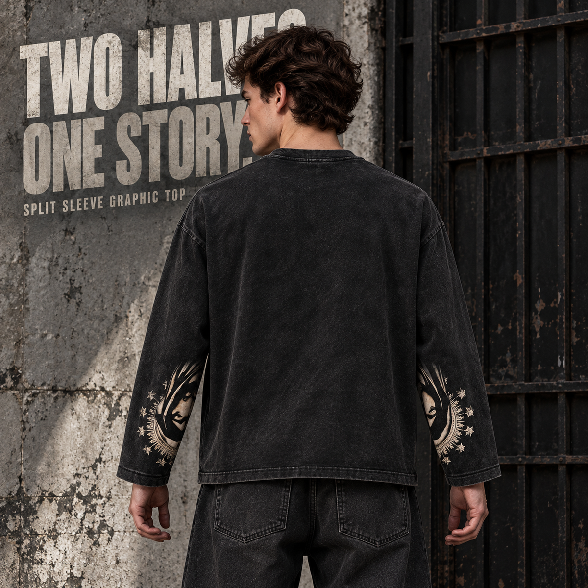 A2568 Snow Wash Black split-sleeve graphic cotton long sleeve t-shirt, rear or three-quarter styling view
