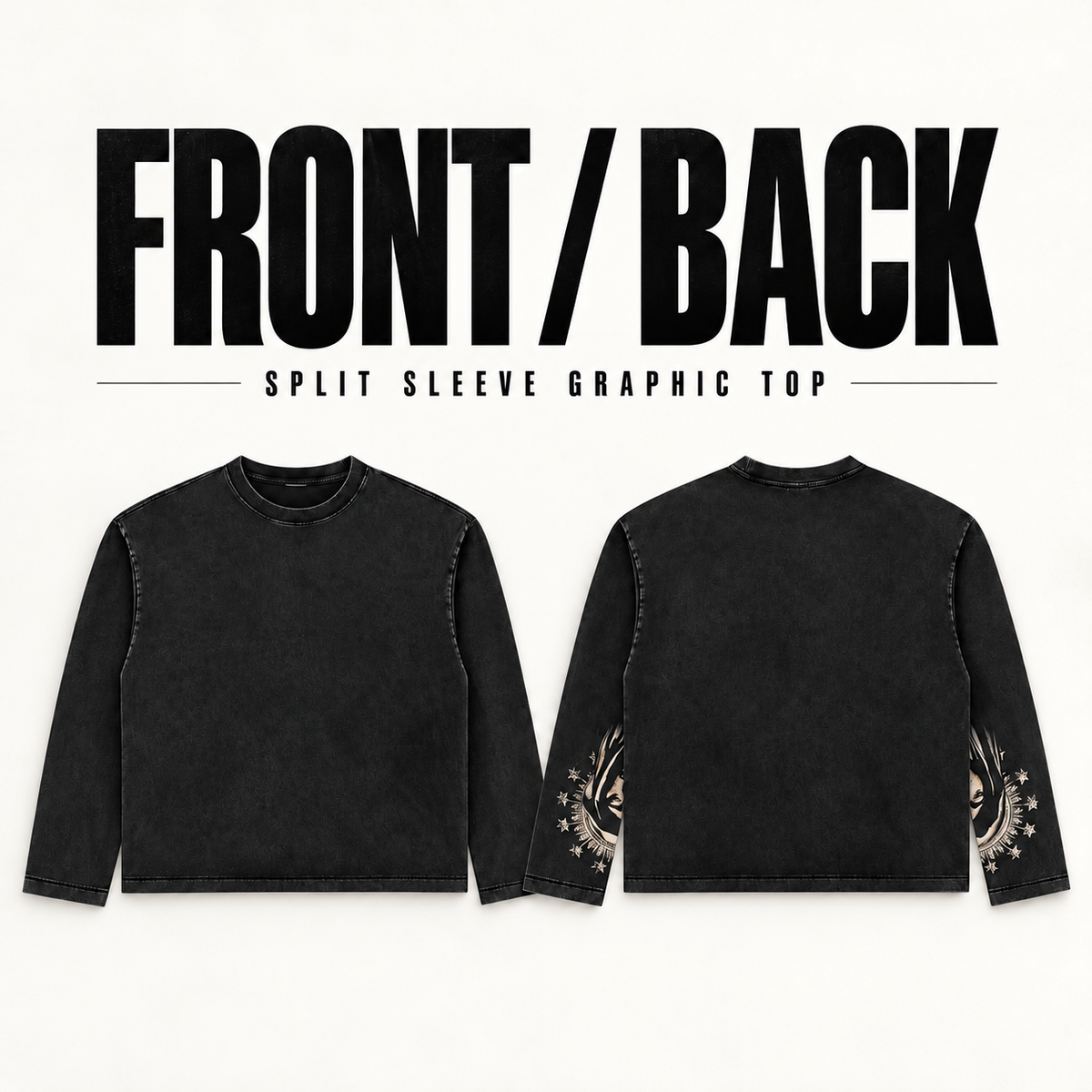 A2568 split-sleeve graphic cotton long sleeve t-shirt, front and back garment construction