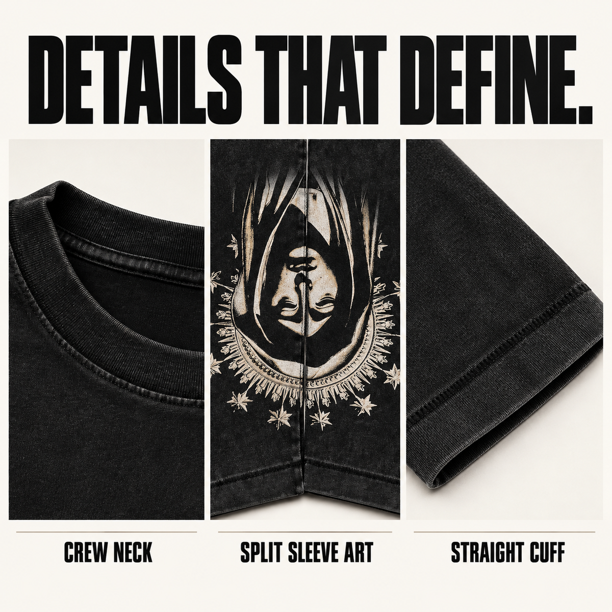 A2568 split-sleeve graphic cotton long sleeve t-shirt, close-up construction details
