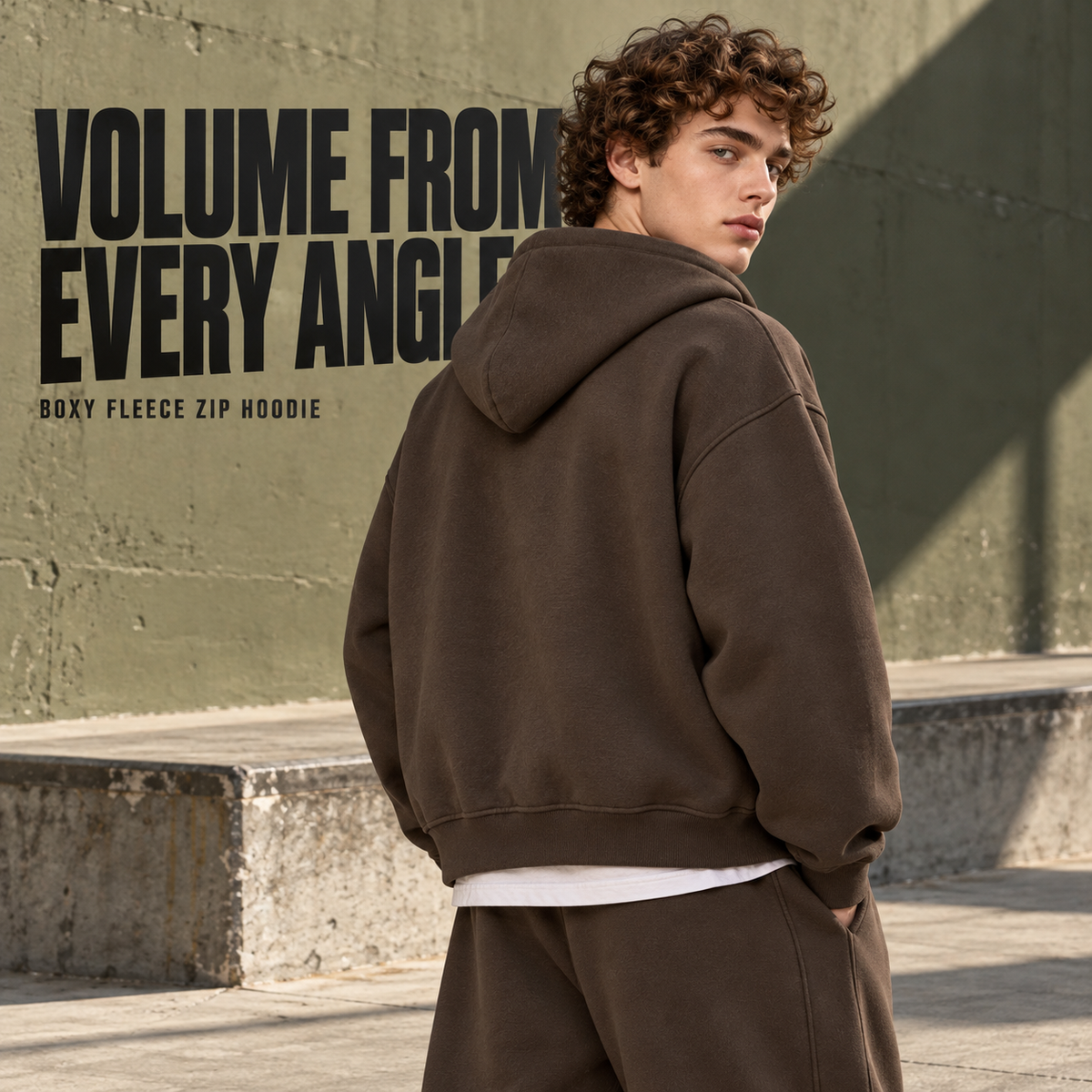 A26362 Coffee Brown boxy fleece zip hoodie, rear or three-quarter styling view