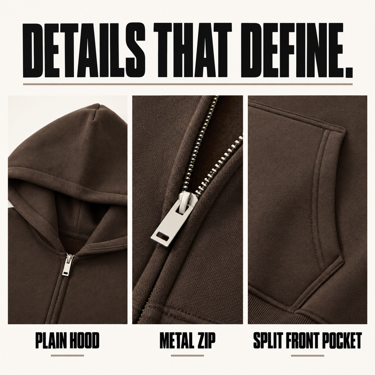 A26362 boxy fleece zip hoodie, close-up construction details