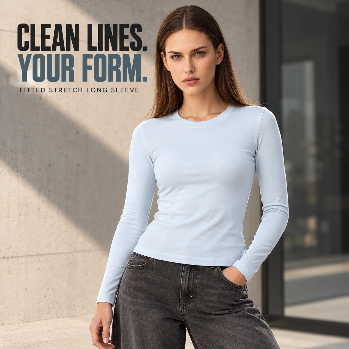 A30162 Baby Blue women's fitted stretch cotton long sleeve t-shirt, front styling view