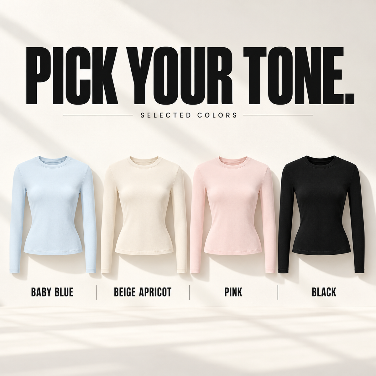 A30162 complete ready-stock color selection board showing Baby Blue, Beige Apricot, Pink, Black