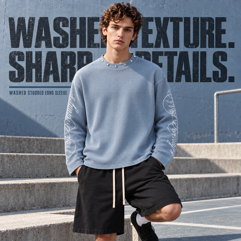 Washed Studded Waffle Long Sleeve T-Shirt