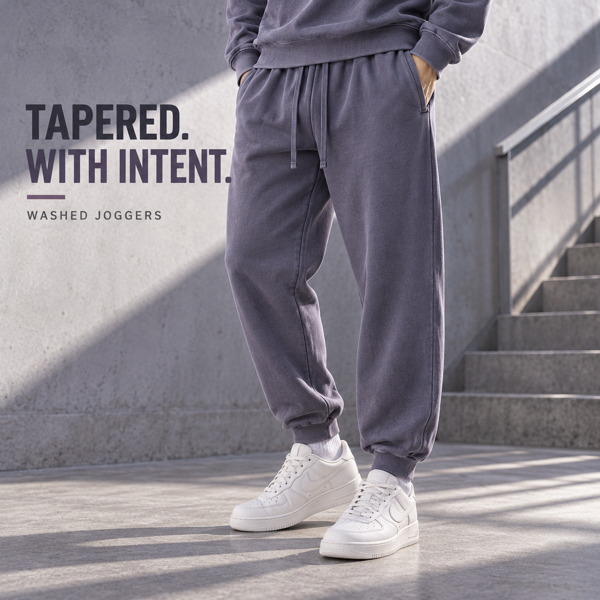 A31142 Grape Purple washed cotton rib-cuff joggers, front styling view