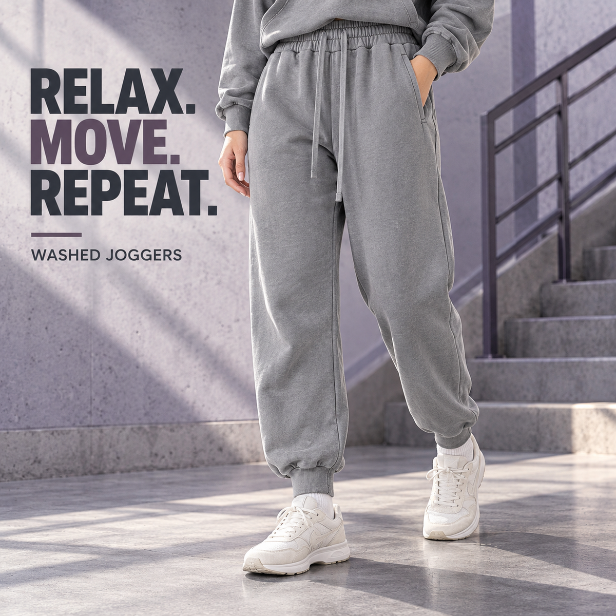 A31142 Medium Grey washed cotton rib-cuff joggers, alternate styling view