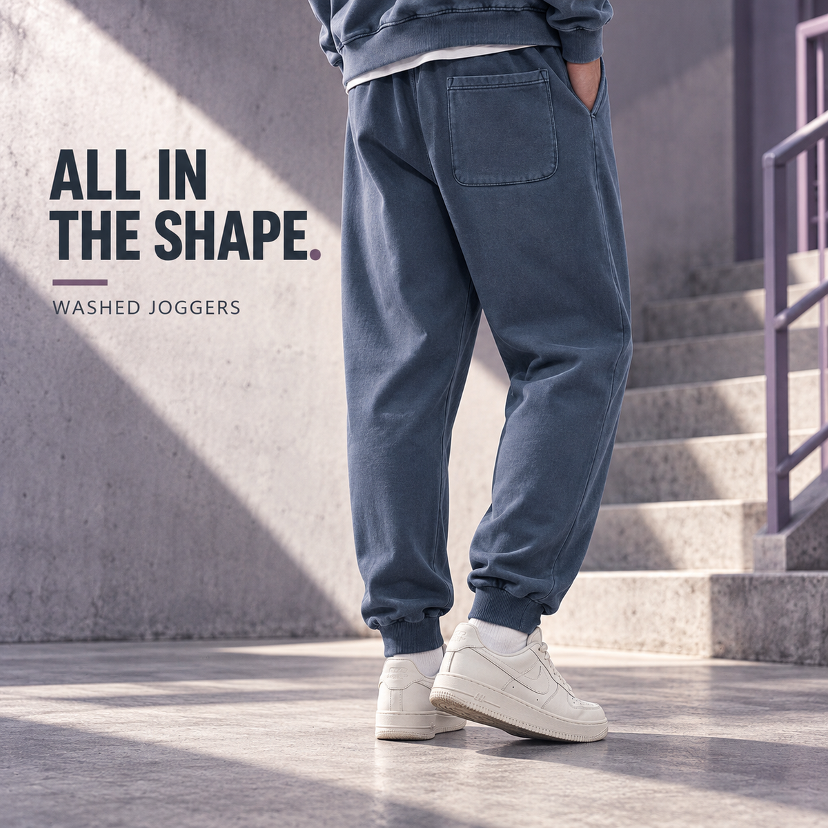 A31142 Royal Blue washed cotton rib-cuff joggers, rear or three-quarter styling view
