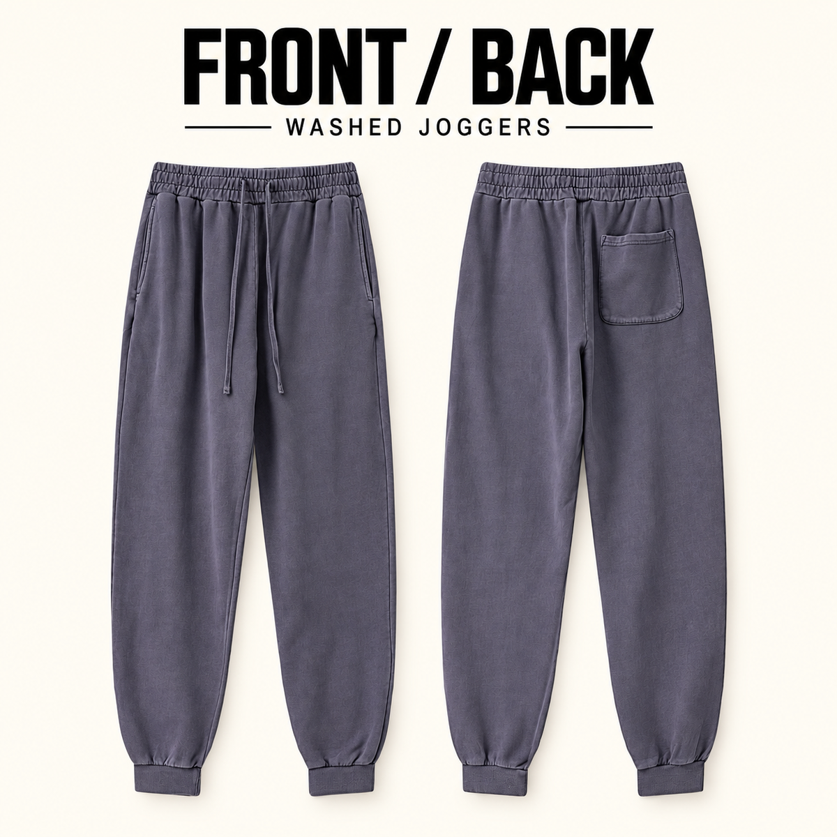 A31142 washed cotton rib-cuff joggers, front and back garment construction