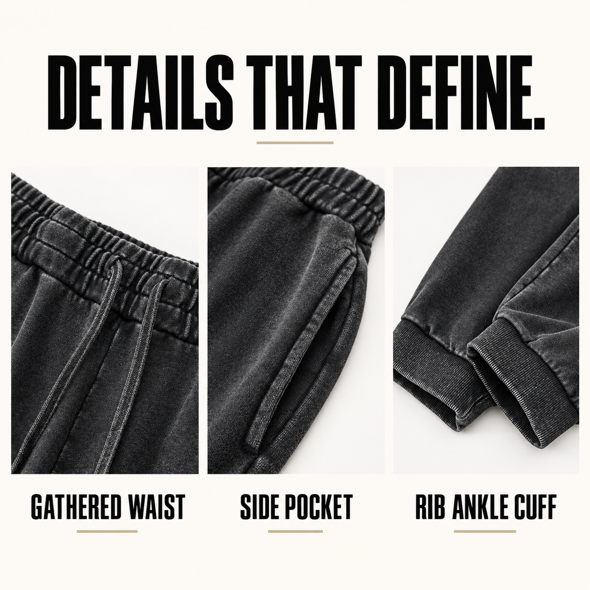 A31142 washed cotton rib-cuff joggers, close-up construction details