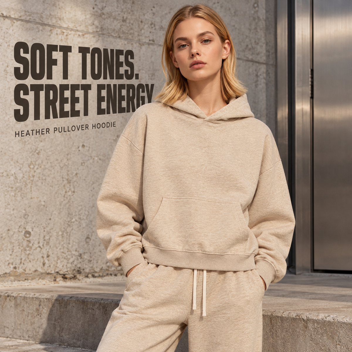A31262 Haze Gold boxy heather pullover hoodie, alternate styling view
