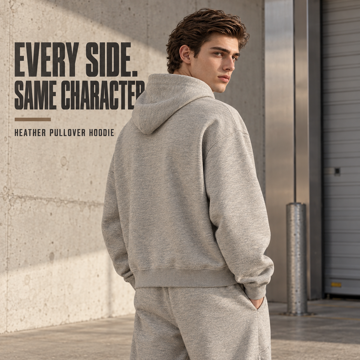 A31262 Oat Grey boxy heather pullover hoodie, rear or three-quarter styling view