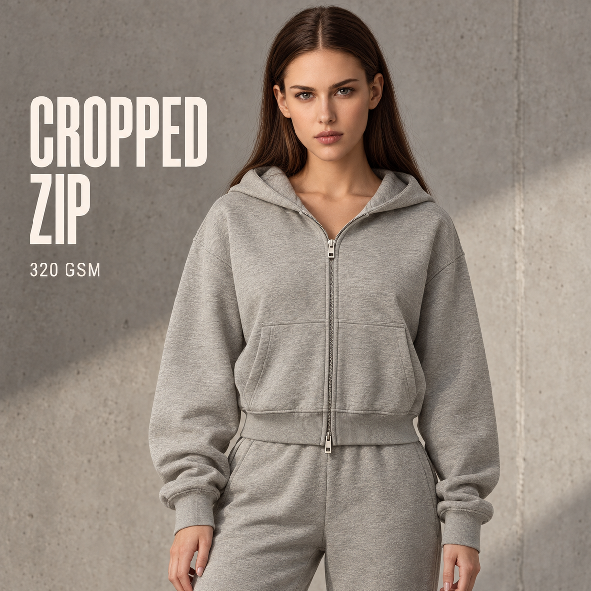 A32162 Oat Grey women's cropped heather two-way zip hoodie, front styling view
