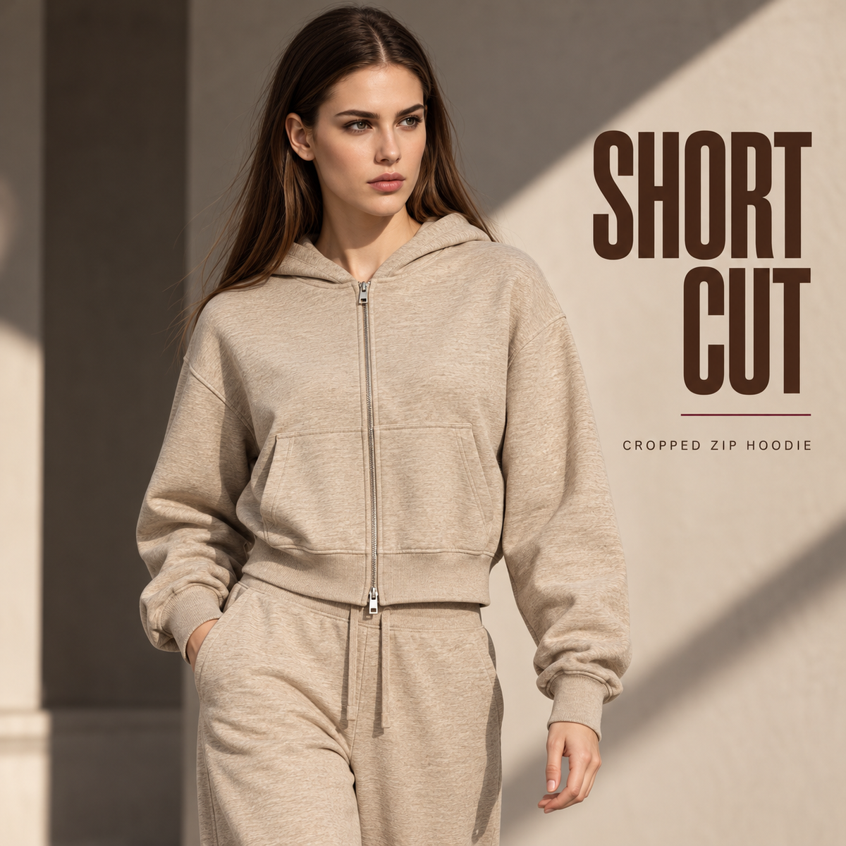 A32162 Haze Gold women's cropped heather two-way zip hoodie, alternate styling view
