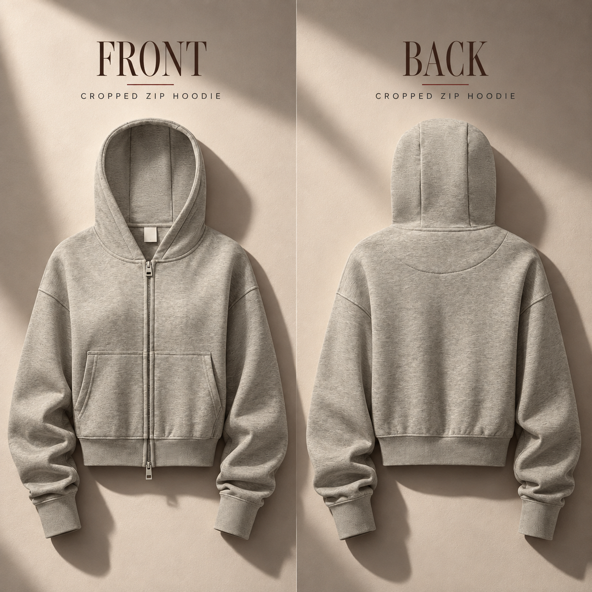 A32162 women's cropped heather two-way zip hoodie, front and back garment construction