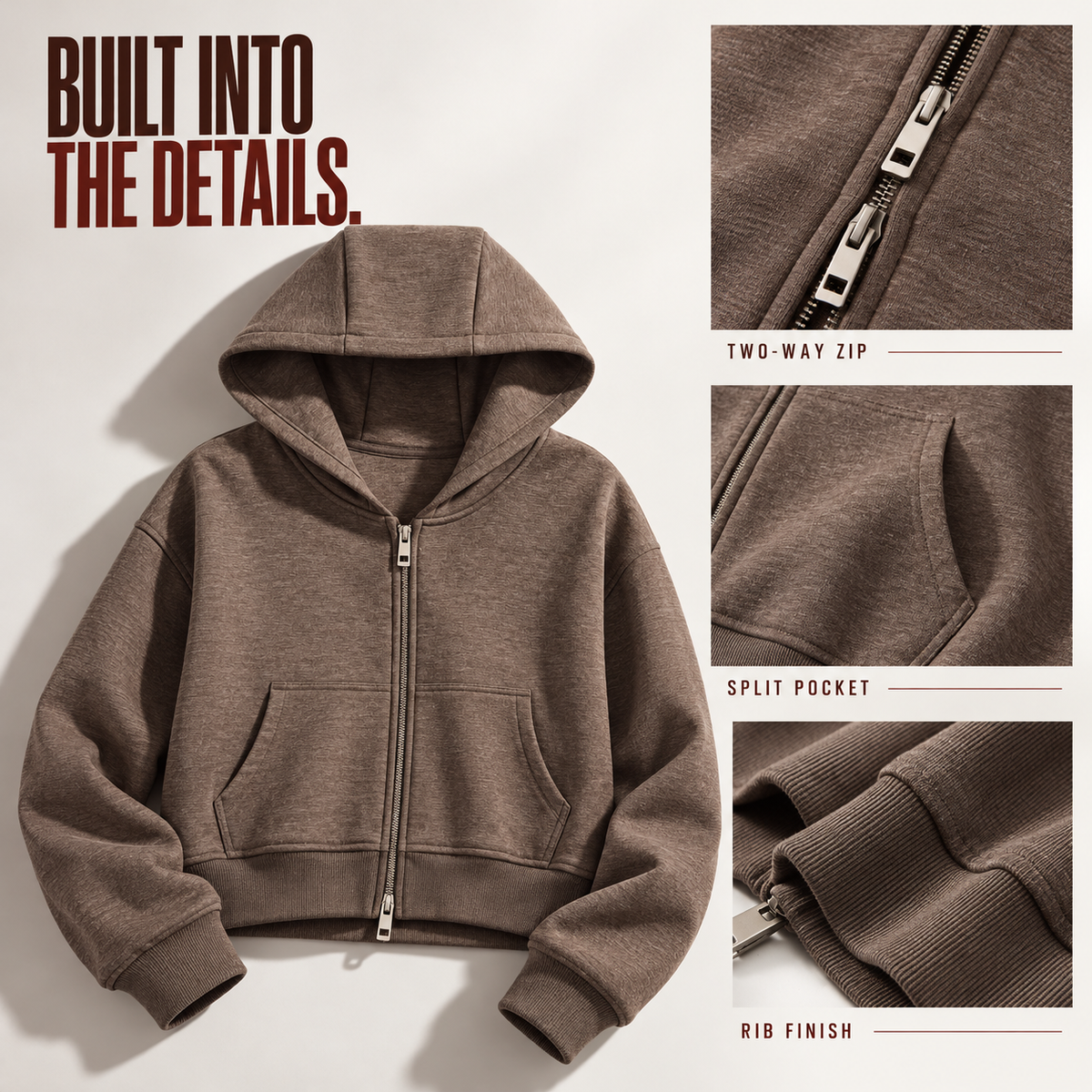 A32162 women's cropped heather two-way zip hoodie, close-up construction details