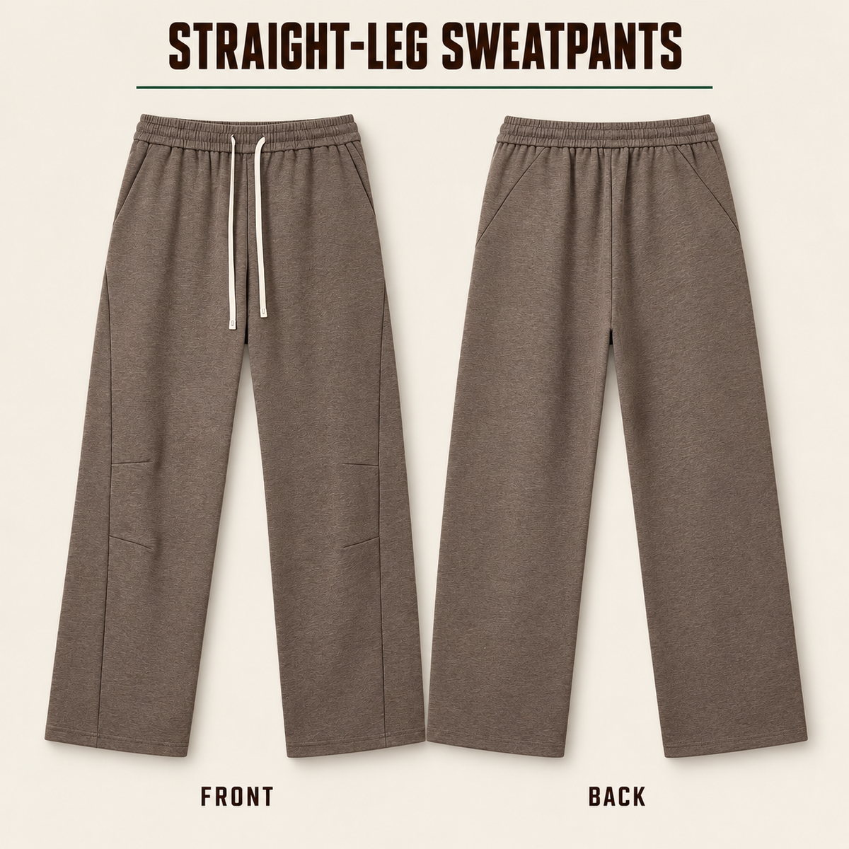A32262 heather curved-seam straight-leg sweatpants, front and back garment construction
