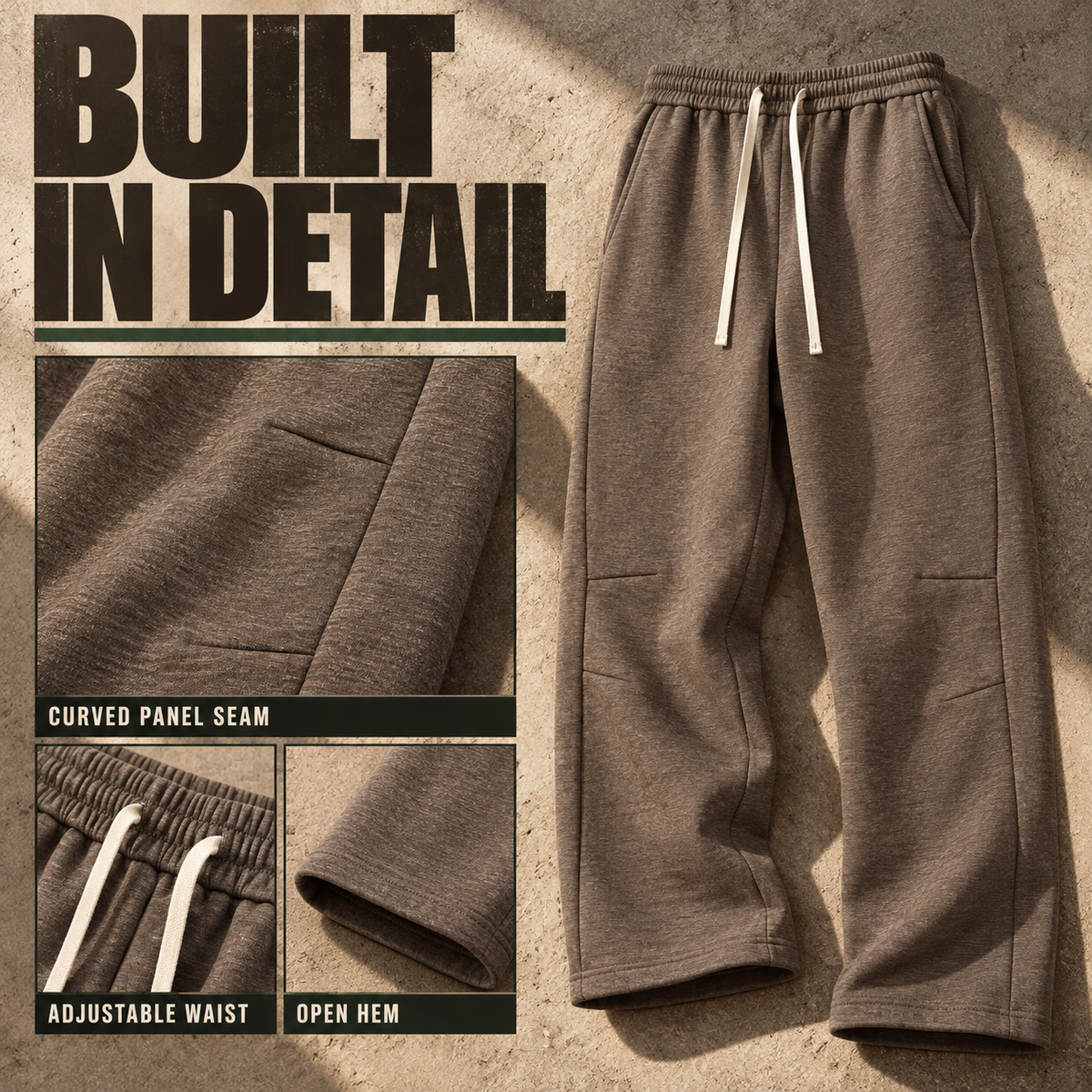 A32262 heather curved-seam straight-leg sweatpants, close-up construction details