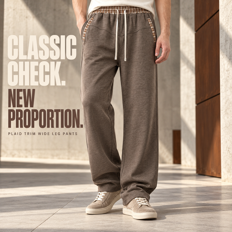 Plaid-Trim Heather Wide-Leg Sweatpants