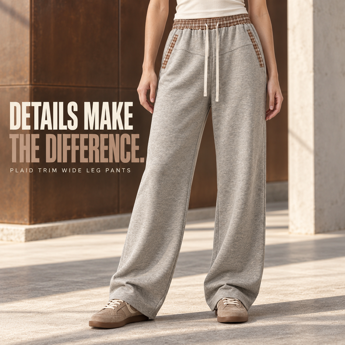 A33362 Oat Grey plaid-trim heather wide-leg sweatpants, alternate styling view