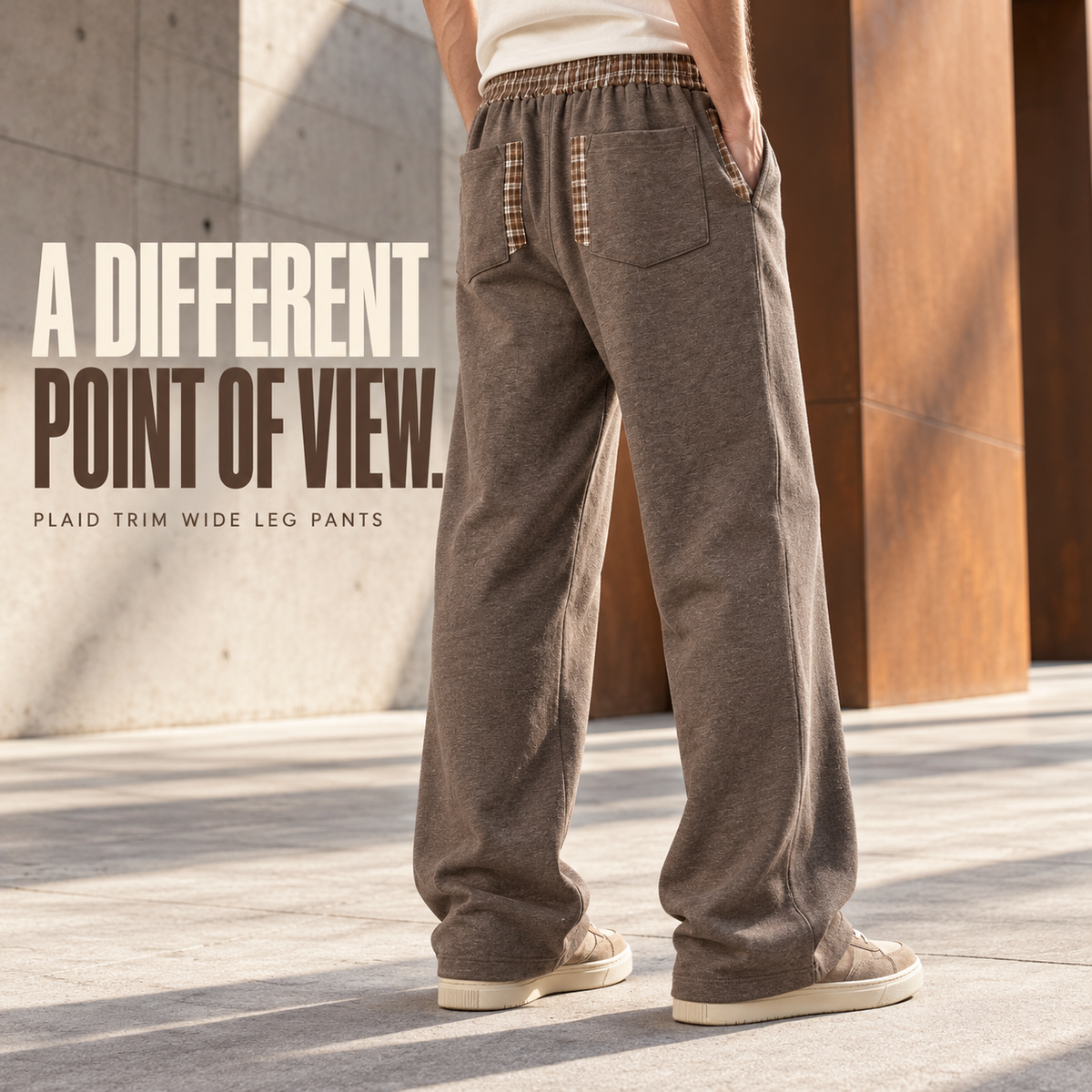 A33362 Taupe Brown plaid-trim heather wide-leg sweatpants, rear or three-quarter styling view