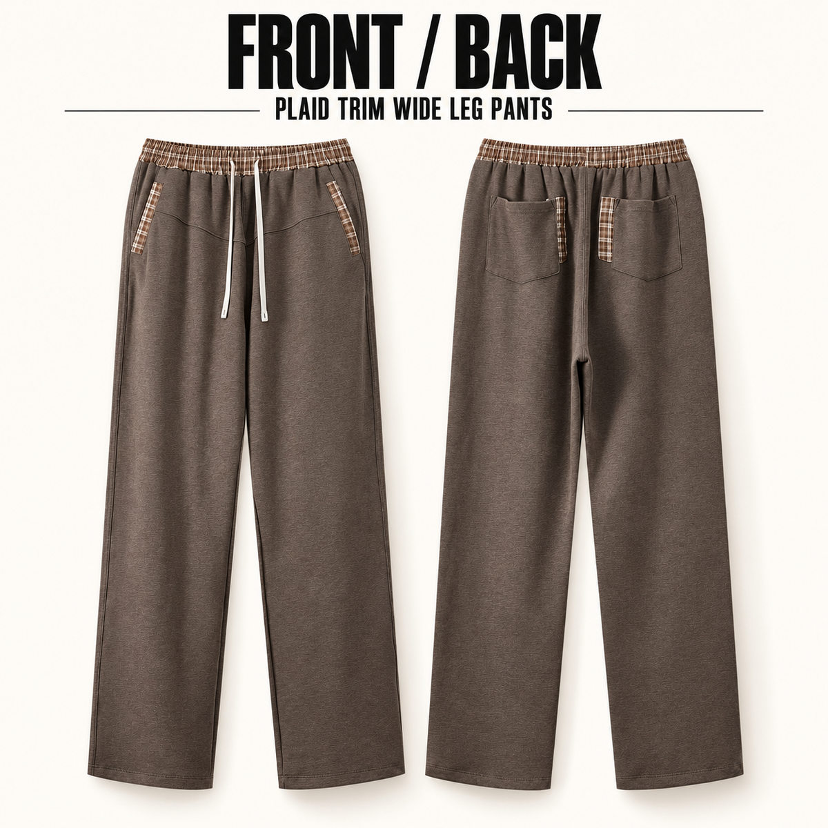 A33362 plaid-trim heather wide-leg sweatpants, front and back garment construction