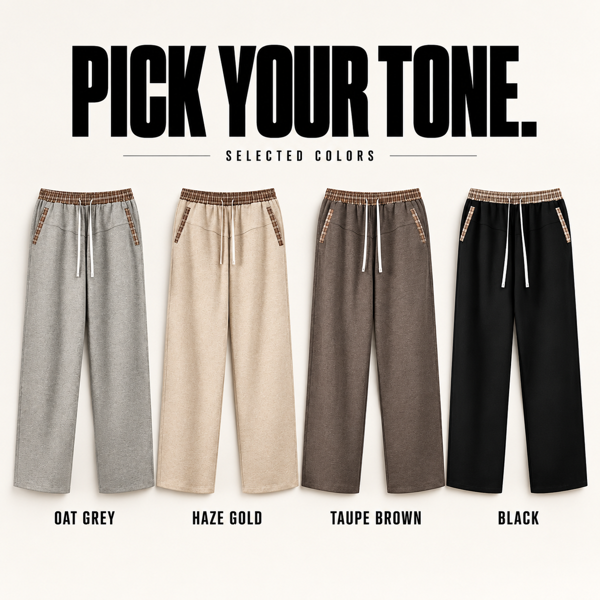 A33362 complete ready-stock color selection board showing Oat Grey, Haze Gold, Taupe Brown, Black