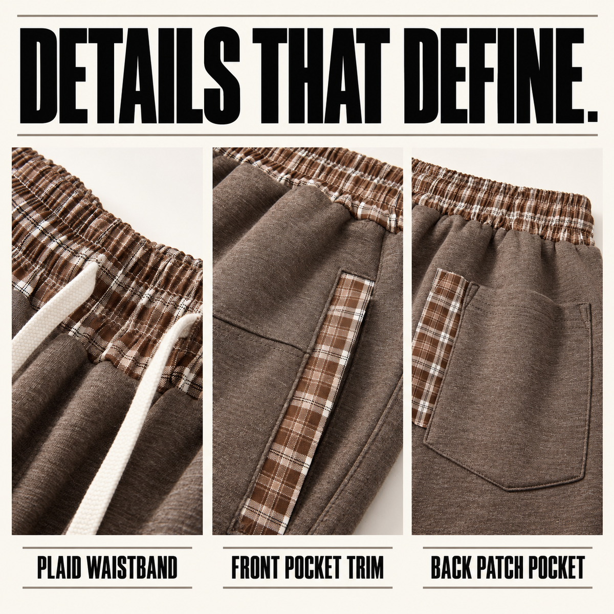 A33362 plaid-trim heather wide-leg sweatpants, close-up construction details